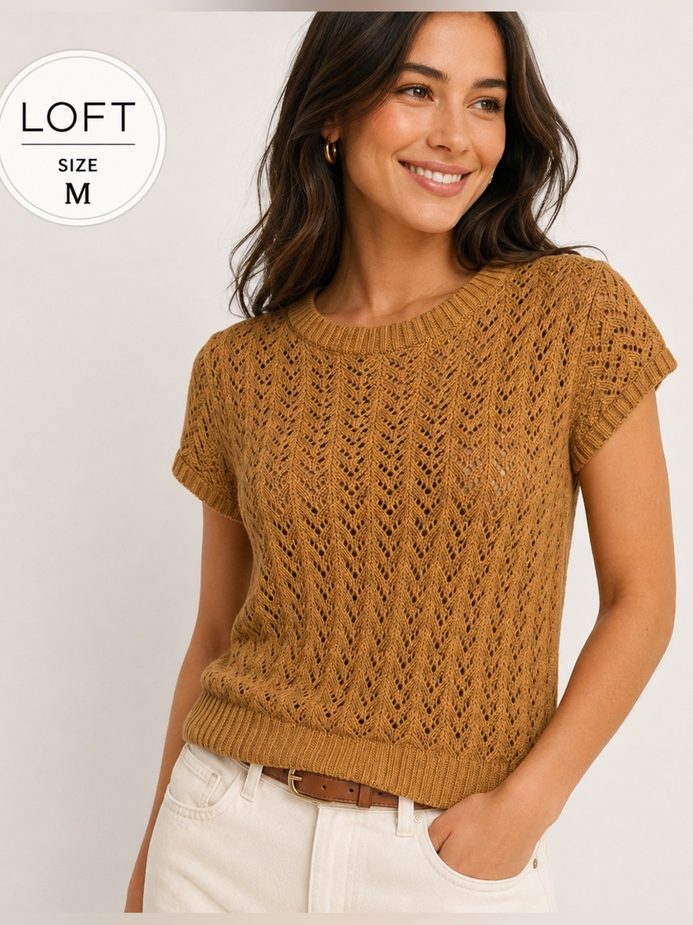 LOFT Crochet Look Open Knit Short Sleeve Sweater Top Brown Size M